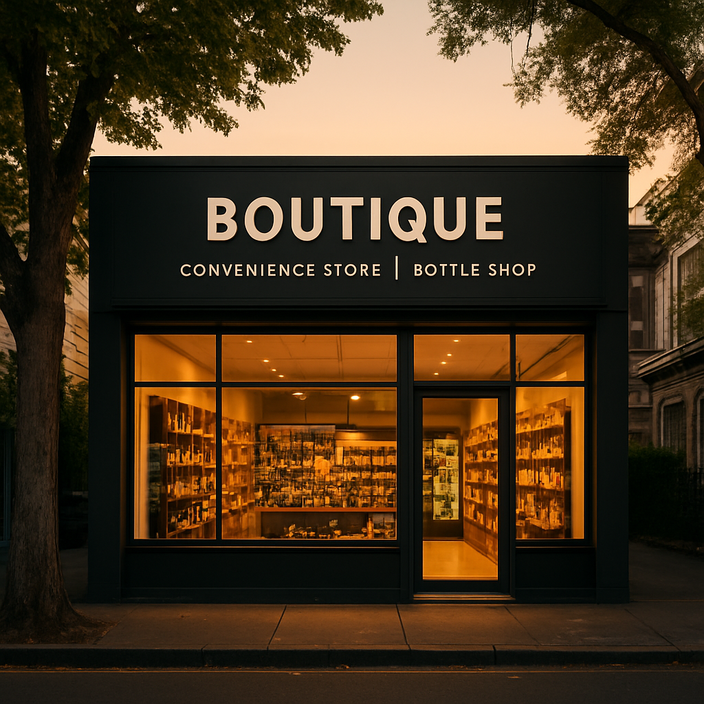 Urban Hub Food & Liquor shopfront on St Kilda Road, Melbourne, with warm evening lighting