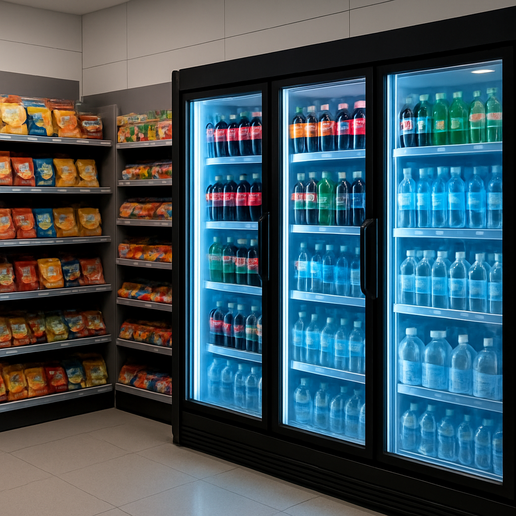 Refrigerated drinks display with cold beverages, soft drinks and water bottles glowing in a convenience store aisle