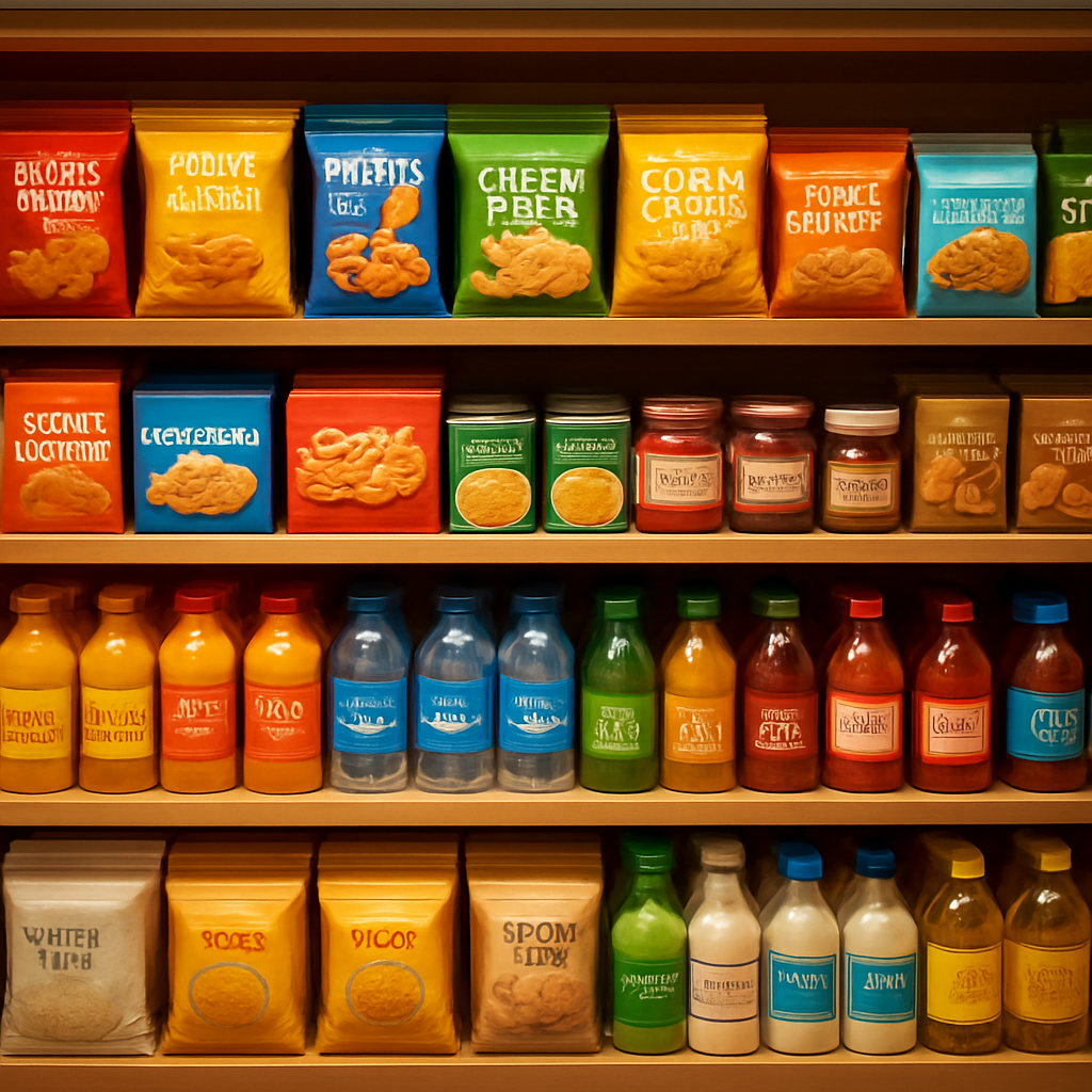Grocery shelves with packaged foods, snacks and everyday essentials neatly arranged in the store