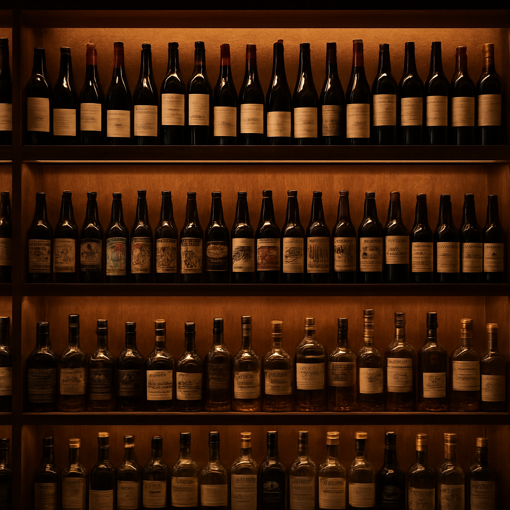 Bottle shop shelves displaying a curated selection of wines, craft beers and spirits with warm amber lighting